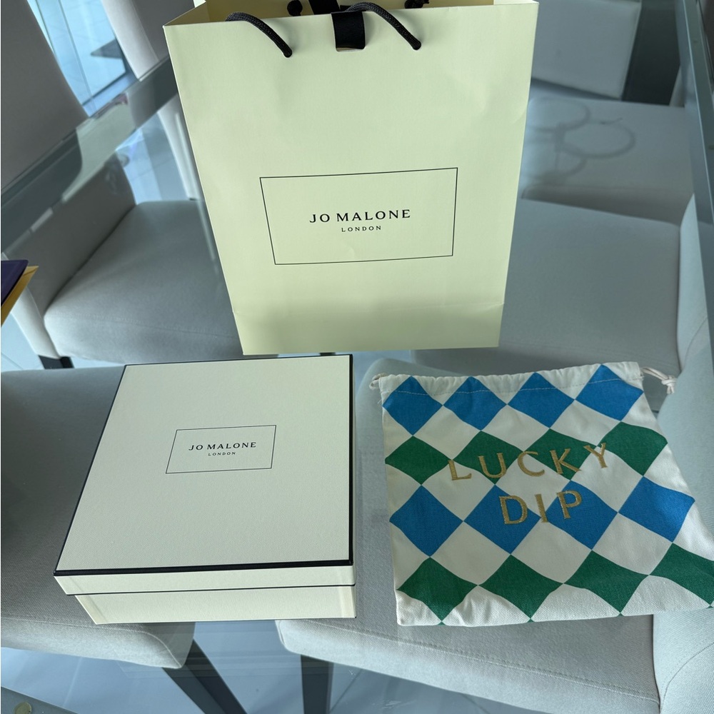 Jo Malone box with Patterned Lucky Dip canvas bag and shopping bag EMPTY